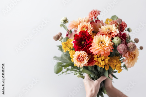 Foto Female hand holds beautiful bouquet of dahlias and chrysanthemums
