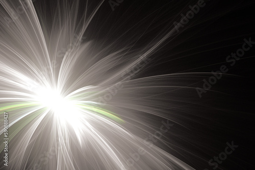 White green luminous pattern of crooked rays from the center on a black background. Abstract fractal 3D rendering