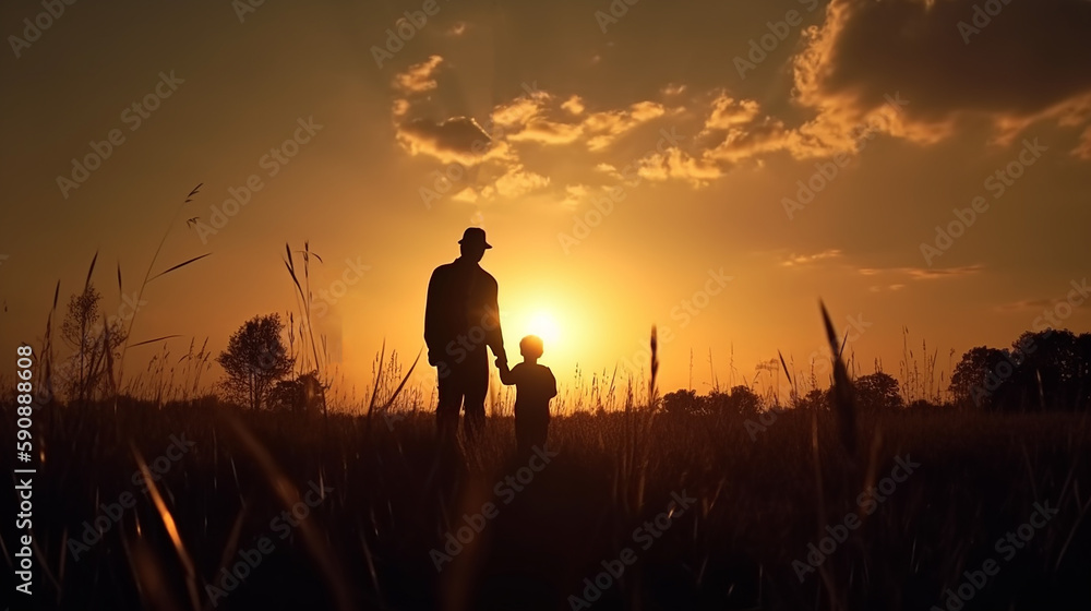 Silhouette Father and son standing on meadow autumn sunrise background, Happy Father's Day concept: ,Generative AI