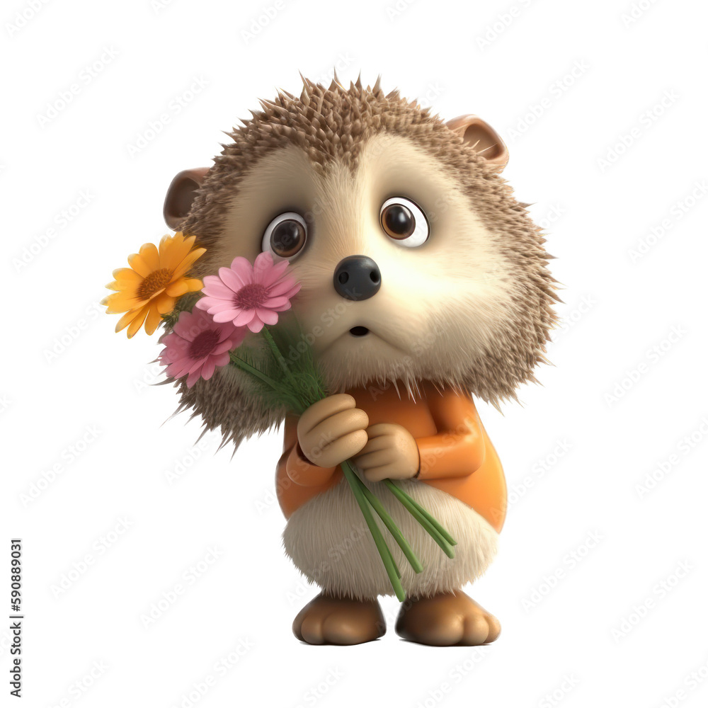 3D hedgehog holding flowers