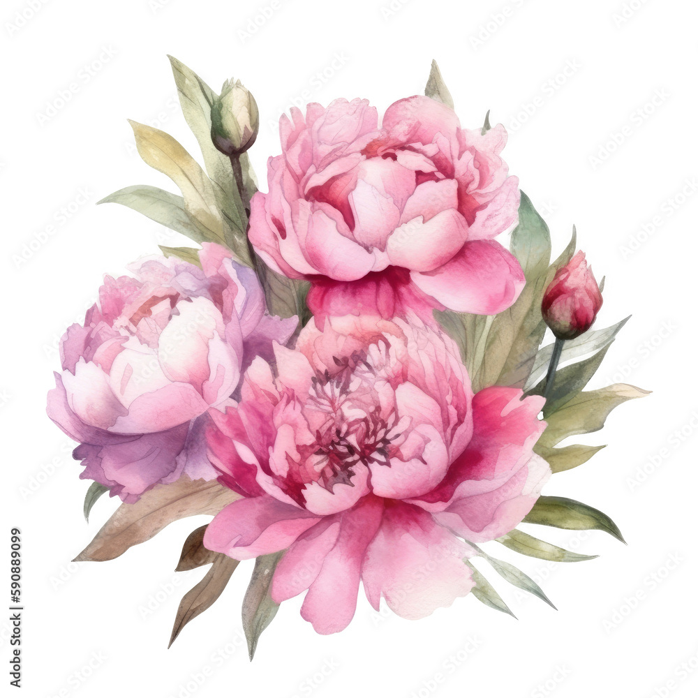 Elegant watercolor peony flower bouquet. Illustration AI Generative. Elegant watercolor peony flower bouquet. Illustration AI Generative.