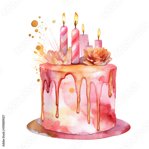 Pink watercolor birthday cake. Illustration AI Generative.