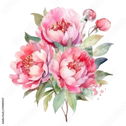 Elegant watercolor peony flower bouquet. Illustration AI Generative.