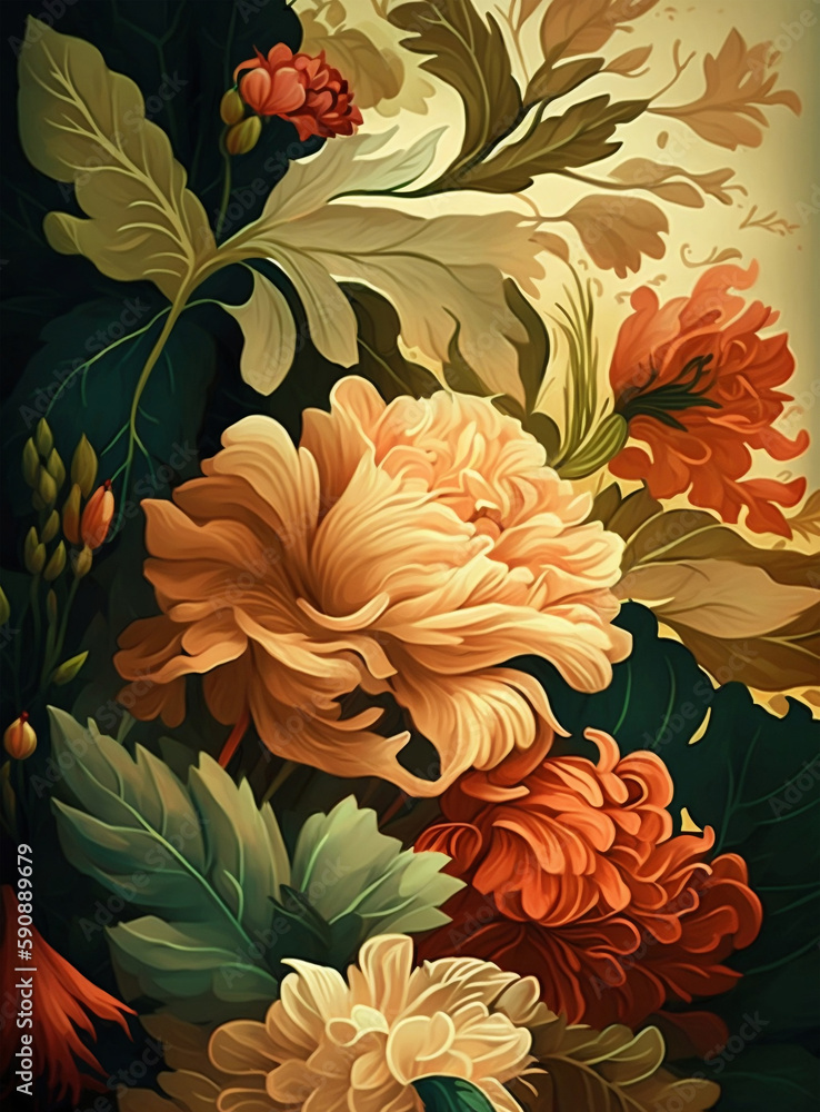 Abstract flower background. Painting with flowers, flower design. Generative AI 
