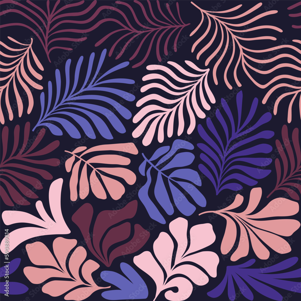 Multicolor abstract background with tropical palm leaves in Matisse style. Vector seamless pattern with Scandinavian cut out elements. Multicolor abstract background with tropical palm leaves in Matisse style. Vector seamless pattern with Scandinavian cut out elements.