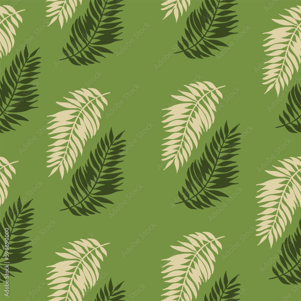 Seamless pattern with tropical leaves on a green background