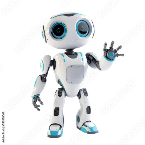 A white and blue robot waving 