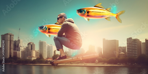 illustration surrealism man wearing 3d glasses creative future city flying fish new technology concept retro style Generative AI © Aksana