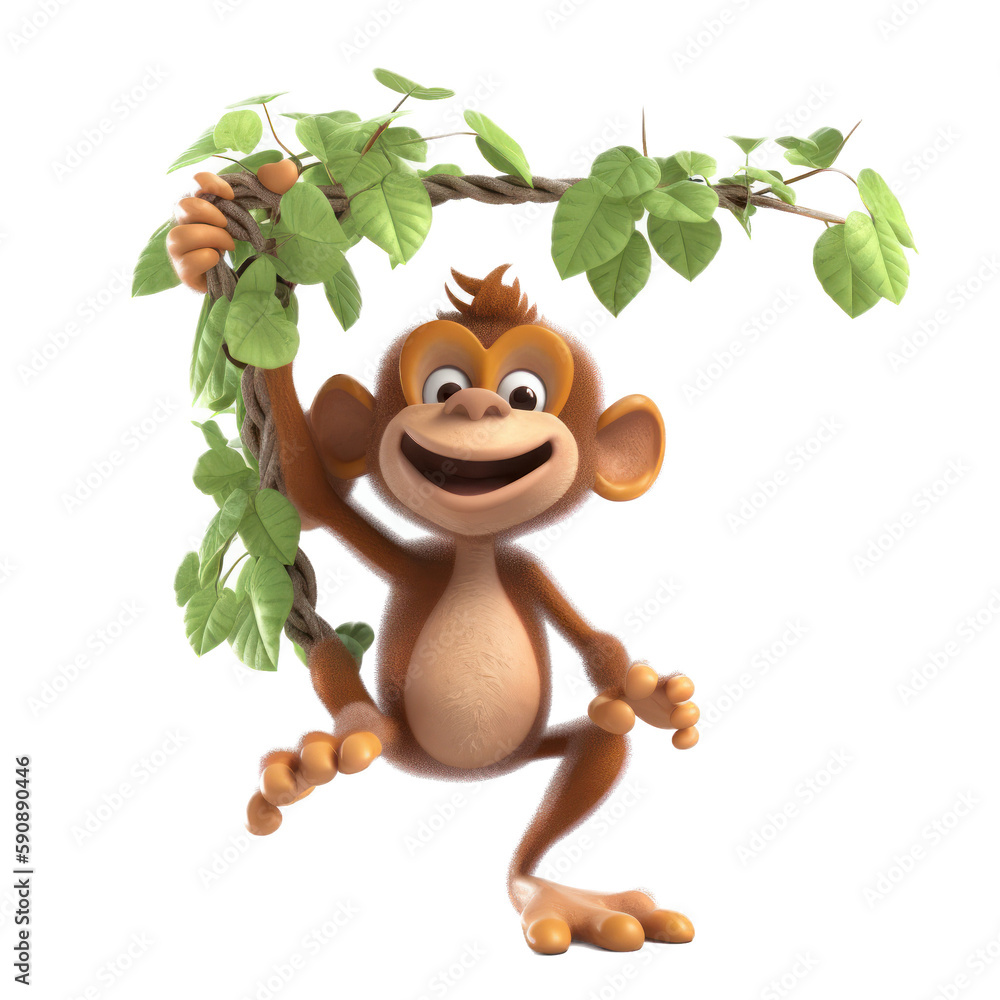 Naklejka premium A Happy Monkey cartoon character holding onto a tree
