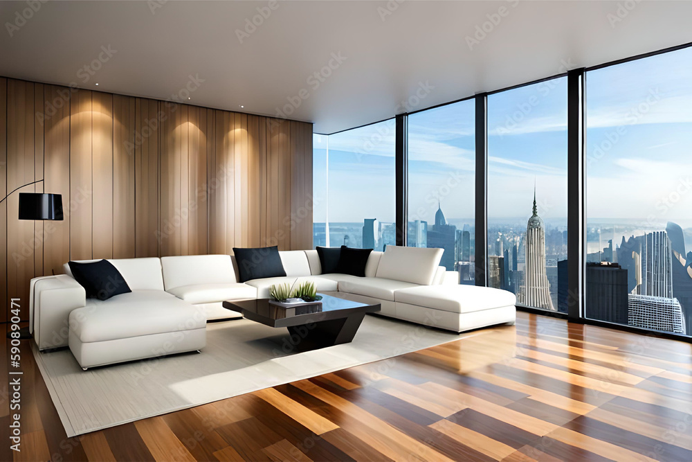 Fototapeta premium Interior design of a modern, minimalist, simple, clean, and futuristic living room that incorporates contemporary technology, innovative lighting, and advanced sleek furniture | Generative AI