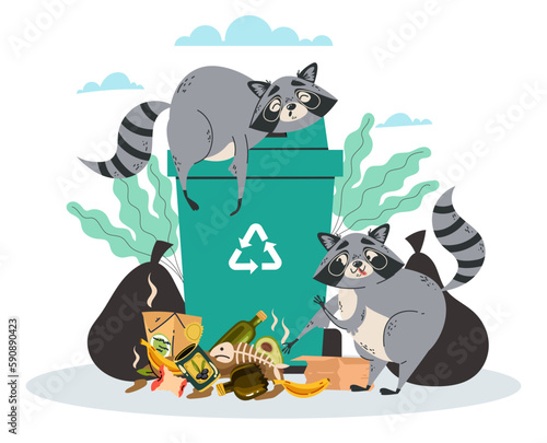Animal raccoon garbage trash food junk waste bin concept. Vector graphic design illustration
