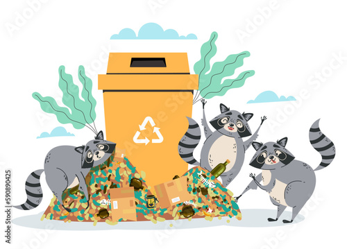 Animal raccoon garbage trash food junk waste bin concept. Vector graphic design illustration
