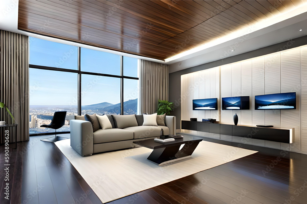 Interior design of a modern, minimalist, simple, clean, and futuristic living room that incorporates contemporary technology, innovative lighting, and advanced sleek furniture | Generative AI Interior design of a modern, minimalist, simple, clean, and futuristic living room that incorporates contemporary technology, innovative lighting, and advanced sleek furniture | Generative AI