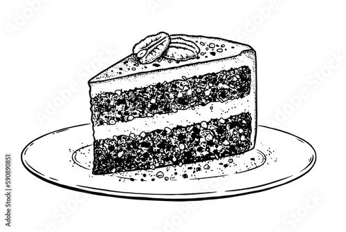 Vector sketch illustration of Carrot Cake on plate. Vintage style drawing.
