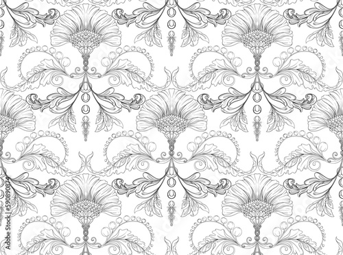 Decorative flowers and leaves in art nouveau style, vintage, old, retro style. Seamless pattern, background. Vector illustration. Seamless pattern, background.