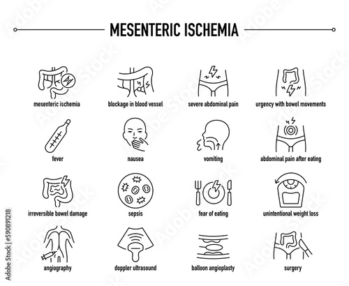Mesenteric Ischemia symptoms, diagnostic and treatment vector icon set. Line editable medical icons.