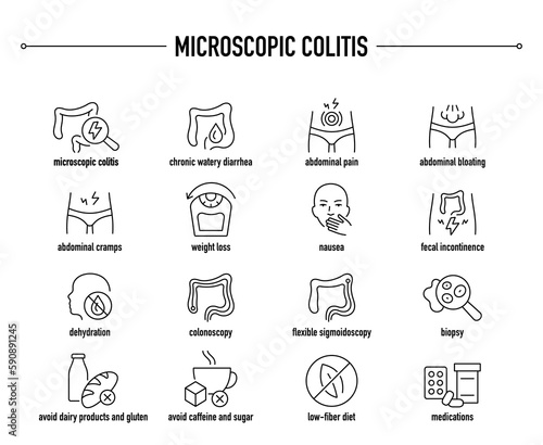 Microscopic Colitis symptoms, diagnostic and treatment vector icon set. Line editable medical icons.