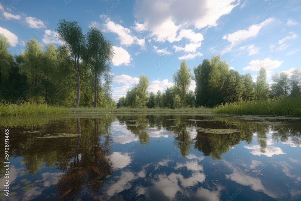 A serene pond surrounded by tall trees with the reflect Generative AI