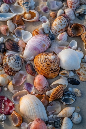 Beach Landscape A close-up of colorful seashells scattered on the shore 4 - AI Generative