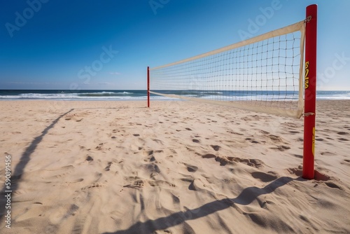 Beach Landscape A beach volleyball net, waiting for the next game, stretched taut, white nylon material 1 - AI Generative