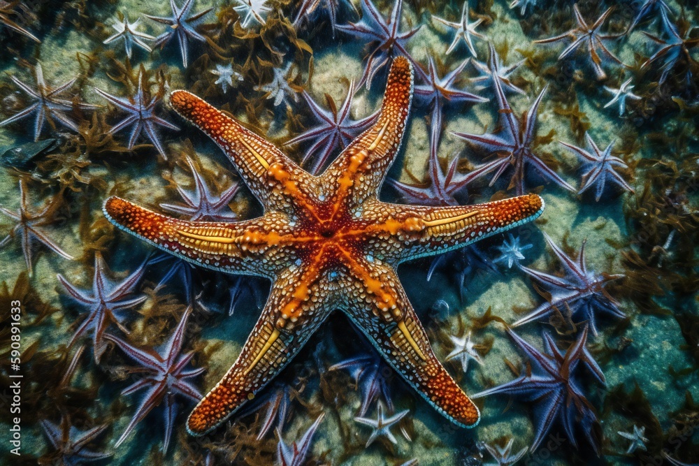 Beach Landscape The intricate pattern of a starfish washed up on the beach, radial symmetry, vibrant colors, textured skin 3 - AI Generative Beach Landscape The intricate pattern of a starfish washed up on the beach, radial symmetry, vibrant colors, textured skin 3 - AI Generative