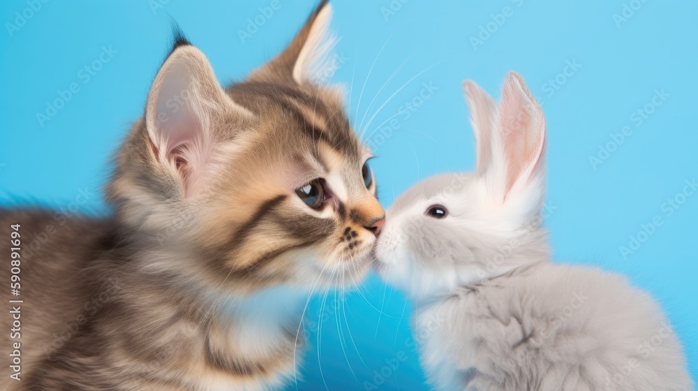 Kitten giving bunny a kiss. Generative AI
