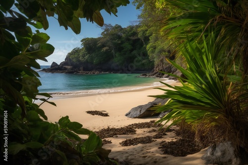 Beach Landscape he gentle curve of a beach cove, framed by tropical foliage, white sand, azure water, lush greenery 2- AI Generative © mfathur19