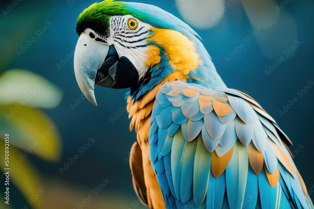 Blue macaw parrot in the treetops in a tropical rainforest, Amazon of Brazil. Wildlife concept of ecological environment. Generative AI