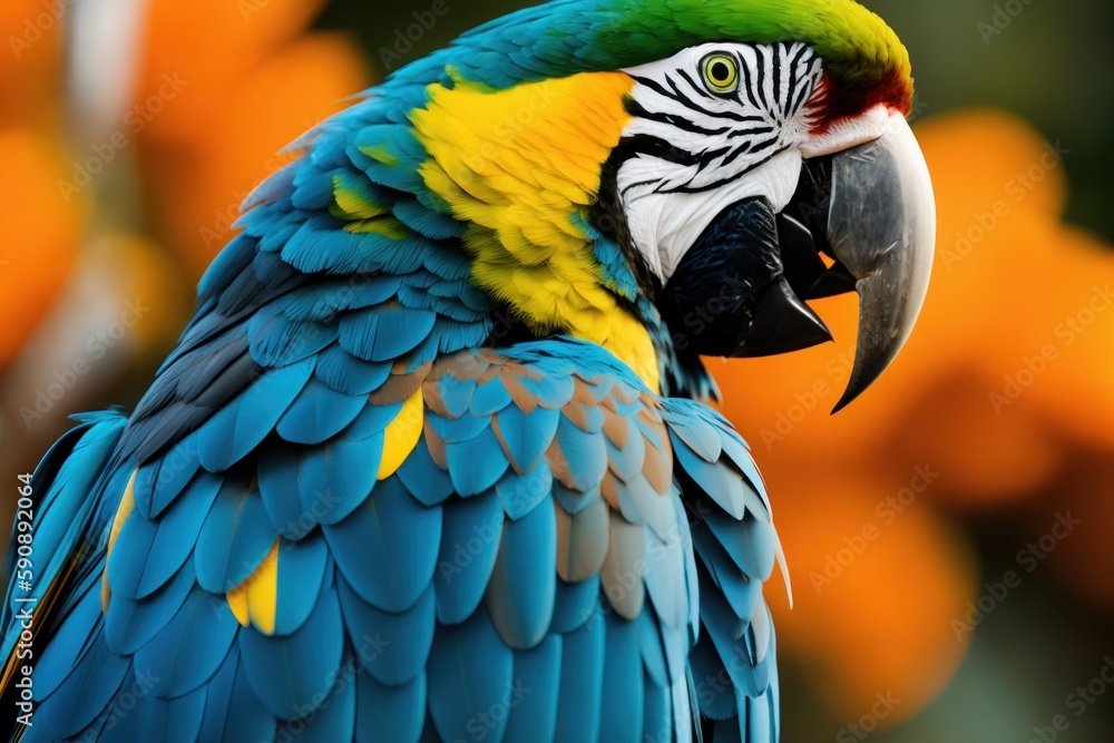 Fototapeta premium Blue macaw parrot in the treetops in a tropical rainforest, Amazon of Brazil. Wildlife concept of ecological environment. Generative AI