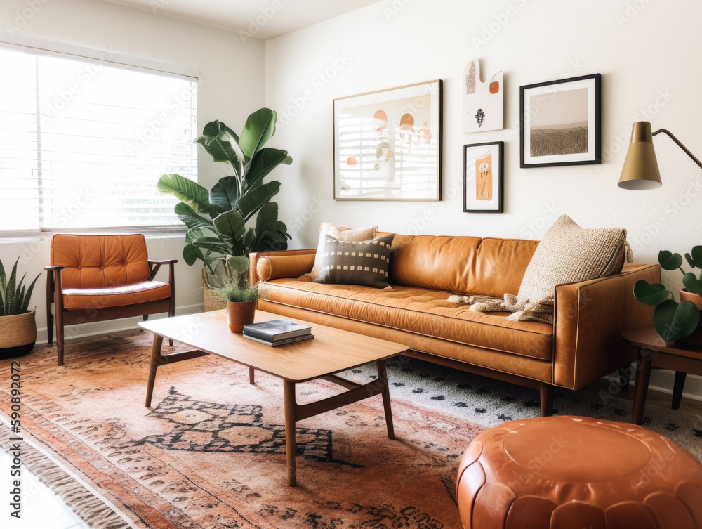 Mid-Century Modern Living Room with Tan Leather Generative AI Stock ...
