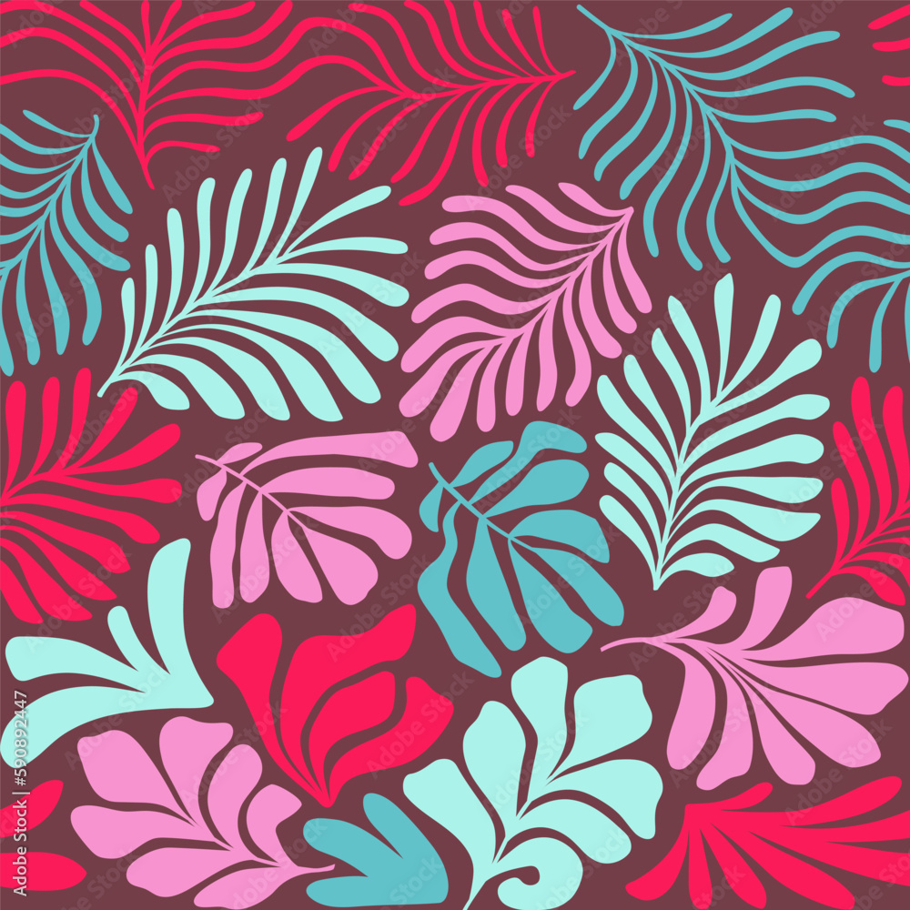 Multicolor abstract background with tropical palm leaves in Matisse style. Vector seamless pattern with Scandinavian cut out elements.