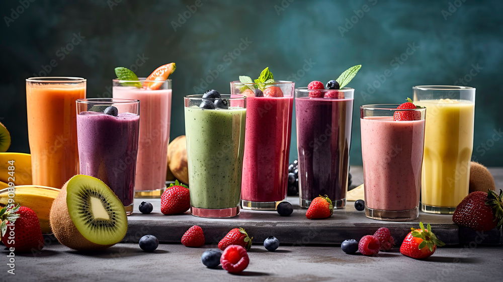 Healthy smoothies in various colors, served in tall glasses and garnished with fresh fruit, set on a bright, clean background. Healthy smoothies in various colors, served in tall glasses and garnished with fresh fruit, set on a bright, clean background.