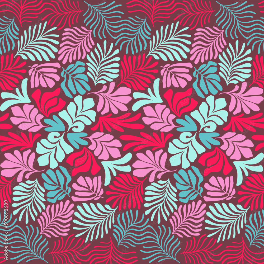 Multicolor abstract background with tropical palm leaves in Matisse style. Vector seamless pattern with Scandinavian cut out elements. Multicolor abstract background with tropical palm leaves in Matisse style. Vector seamless pattern with Scandinavian cut out elements.