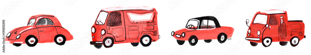 Toy cars. Children's illustration in watercolor and colored pencils. Isolated on white background