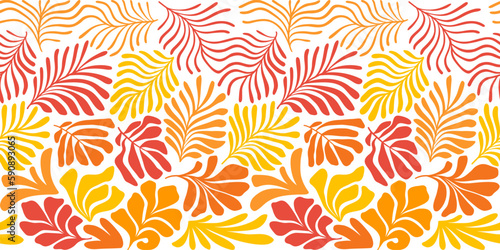 Multicolor abstract background with tropical palm leaves in Matisse style. Vector seamless pattern with Scandinavian cut out elements.