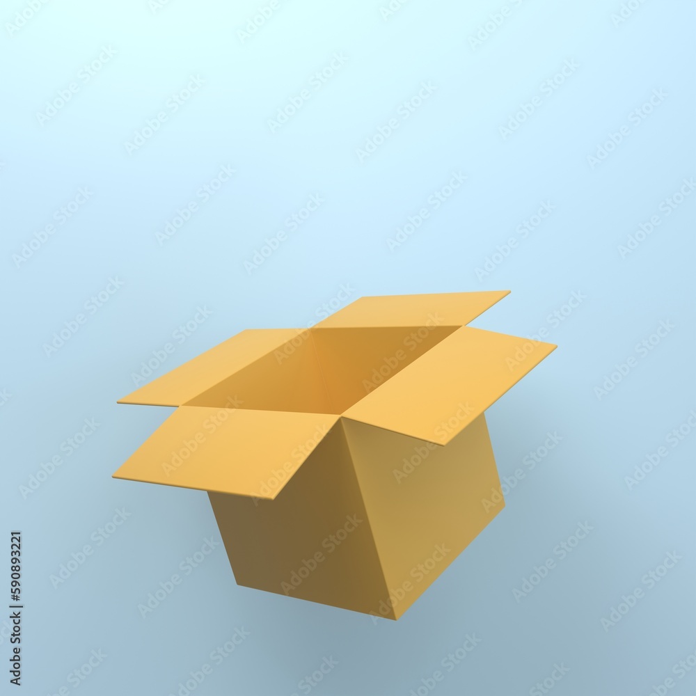 Cardboard open box or delivery package. isolated on blue background. 3d realistic symbol icon cartoon render.business cargo shopping concept. Cardboard open box or delivery package. isolated on blue background. 3d realistic symbol icon cartoon render.business cargo shopping concept.