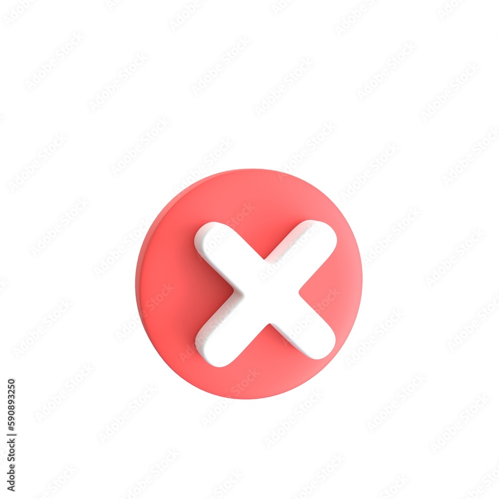 3d render. Symbol red cross icon. for unapproved, incorrect and not pass.icon sign realistic cartoon concept. 3d render. Symbol red cross icon. for unapproved, incorrect and not pass.icon sign realistic cartoon concept.
