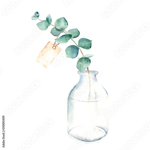 Eucalyptus branch with vintage paper tag in vase, bottle, jar. True blue. Watercolor hand drawn botanical illustration isolated on white background. Eco minimalistic style for greeting card, poster.