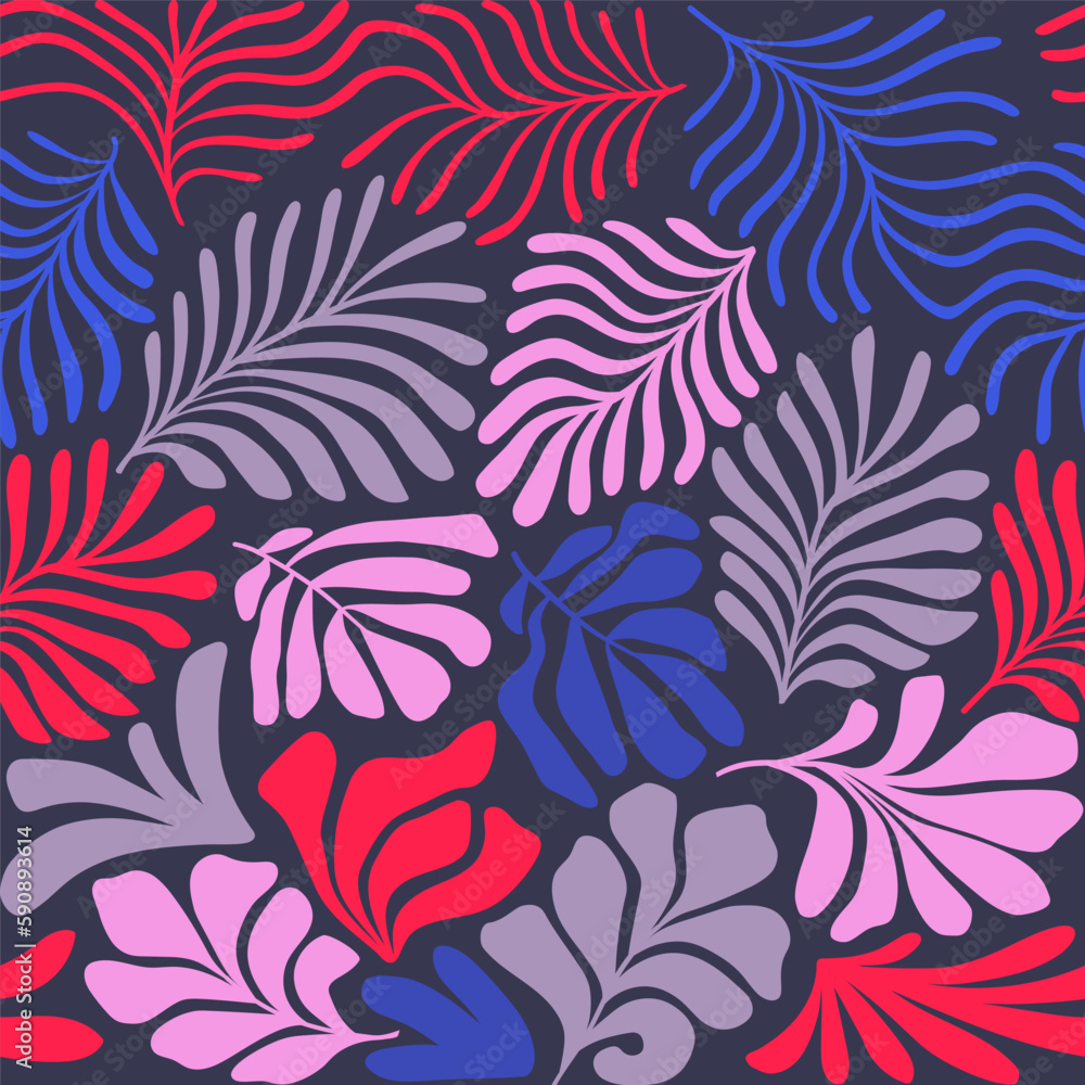 Multicolor abstract background with tropical palm leaves in Matisse style. Vector seamless pattern with Scandinavian cut out elements. Multicolor abstract background with tropical palm leaves in Matisse style. Vector seamless pattern with Scandinavian cut out elements.