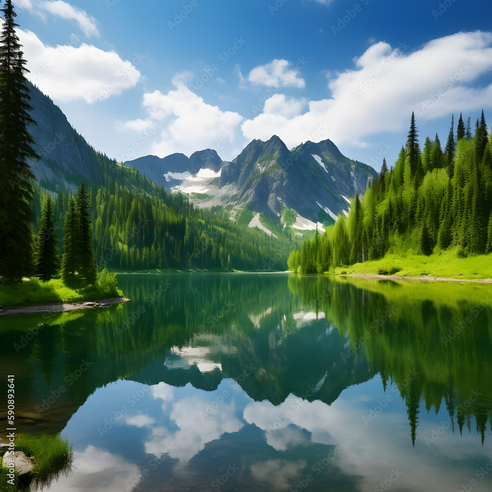 Stunning, high-res photo for Earth Day: Pristine mountains, green forests, crystal-clear lake reflecting sky and mountains. A vast, untouched landscape captured. Created using generative AI.