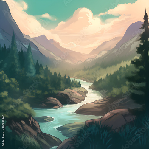 Ethereal digital art of forested mountain landscape  featuring rivers and playful elements  capturing the magic of nature with soft  imaginative beauty. Created using generative AI.
