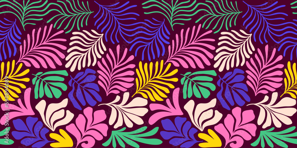 Fototapeta premium Multicolor abstract background with tropical palm leaves in Matisse style. Vector seamless pattern with Scandinavian cut out elements.