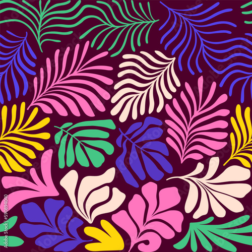 Multicolor abstract background with tropical palm leaves in Matisse style. Vector seamless pattern with Scandinavian cut out elements.