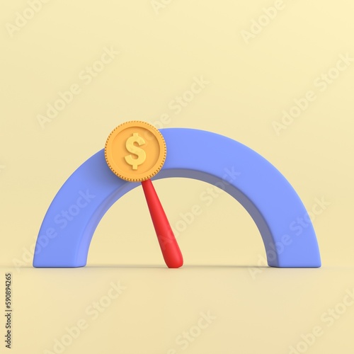 Speedometer 3d render with gold coin and arrow point scale for calculate rating measure finance loan, credit score or expenses business money finance minimal concept.