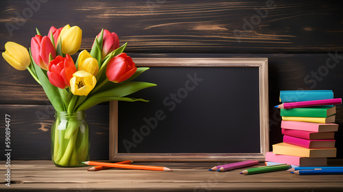 A chalkboard with school supplies and tulip flowers on a rustic wooden table. Copy space for text. made with AI generative