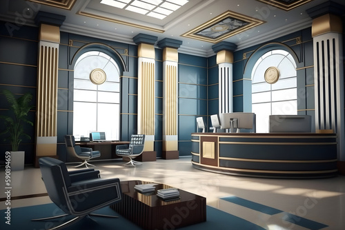 Stylish modern interior of bank in blue and gold colors. Generative AI