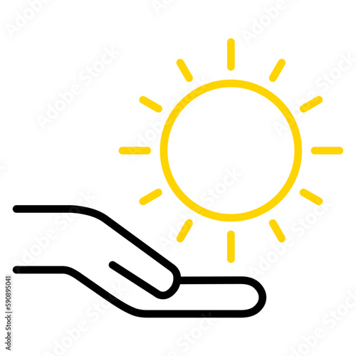 Logo energía solar. Símbolo de verano. Mano con sol lineal
