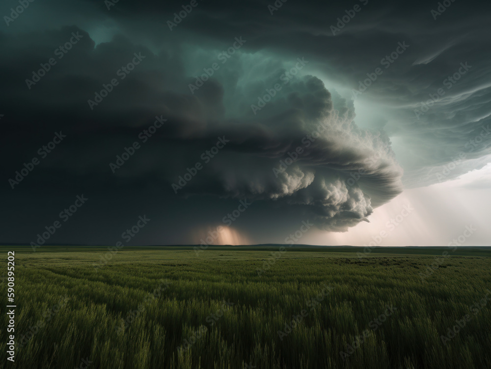 supercell storm cloud over a field