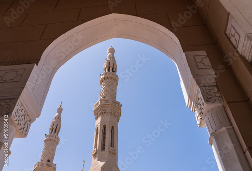Photography Minarets of the Jumeirah mosque in Dubai, UAE, open for cultural visits and educ