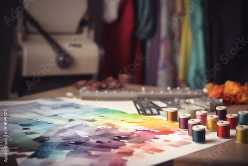 Fashion Design Background. Closeup Of Dressmaker's Desk With Measuring Tape And Color Palettes. Selective Focus, Panorama, Copy Space Generative AI